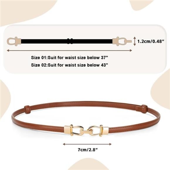 Leather Women Belt Thin Waist Belts up to 37 Inches with Golden Buckle 2 Pack - Picture 5 of 7